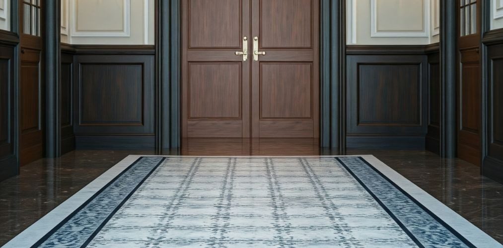 Polished marble floor with blue decorative border - Beautiful Homes