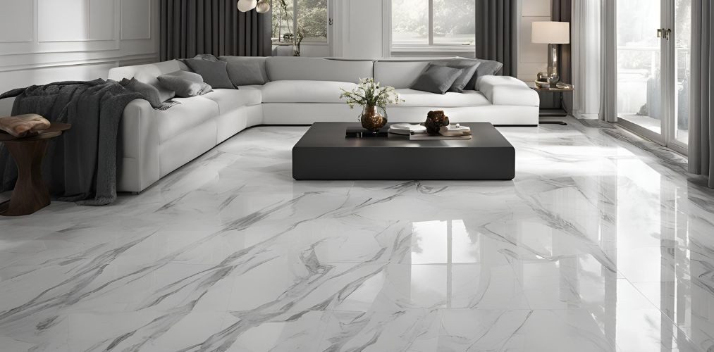 White and grey rectangle marble flooring for living room - Beautiful Homes