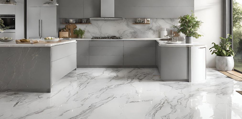 White marble flooring for a grey kitchen - Beautiful Homes