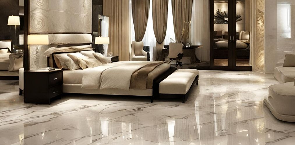 White marble flooring with brown veins for bedroom - Beautiful Homes