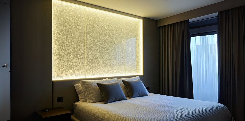 Glass wardrobe with soft lighting in modern bedroom - Beautiful Homes