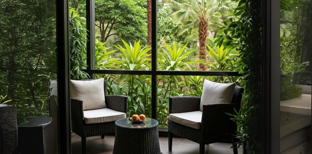 Stylish balcony with glass wall and lush greenery - Beautiful Homes