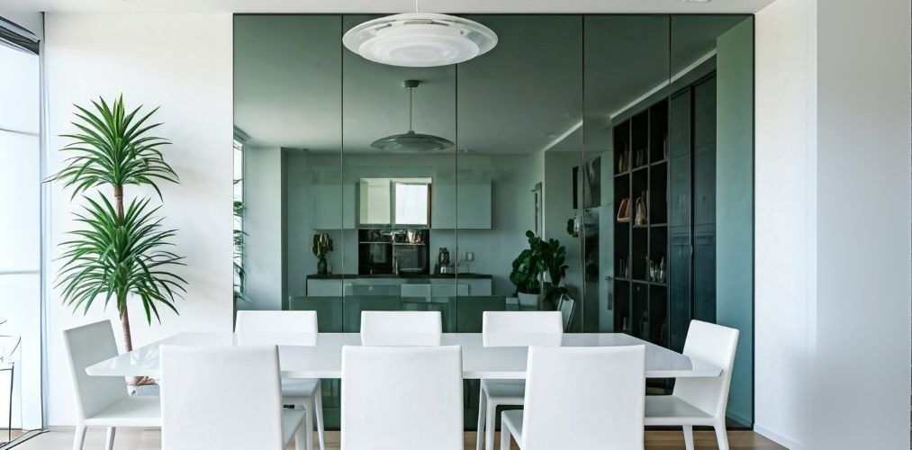 Dining room with reflective glass wall and white décor - Beautiful Homes