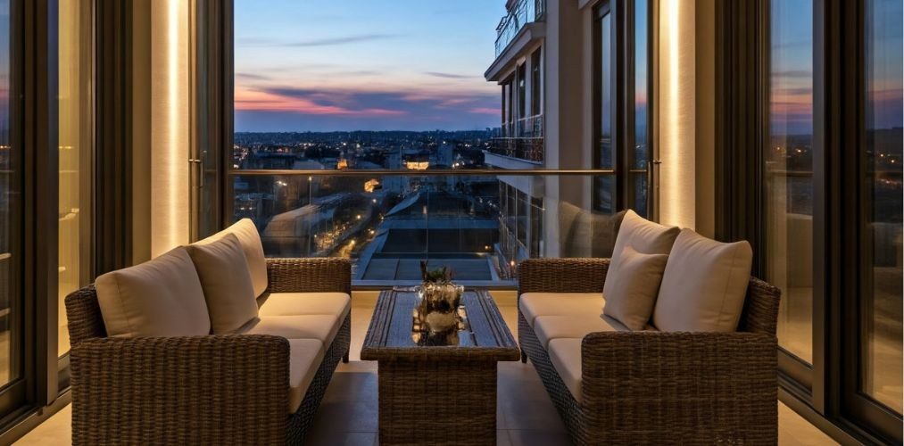 Balcony with glass railing and cozy seating - Beautiful Homes
