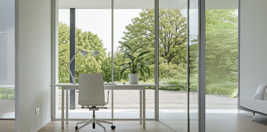 Home office with large glass panels and greenery - Beautiful Homes