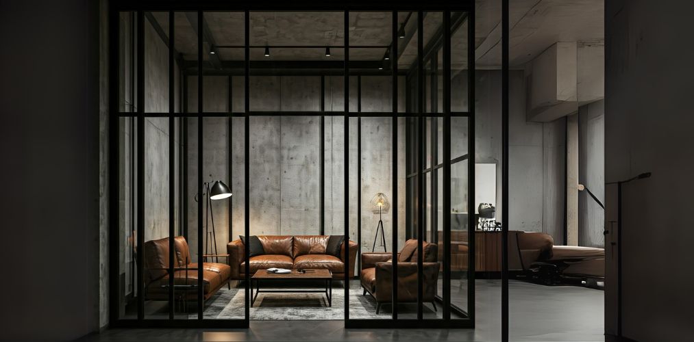 Living room with black frame glass walls and leather sofas - Beautiful Homes
