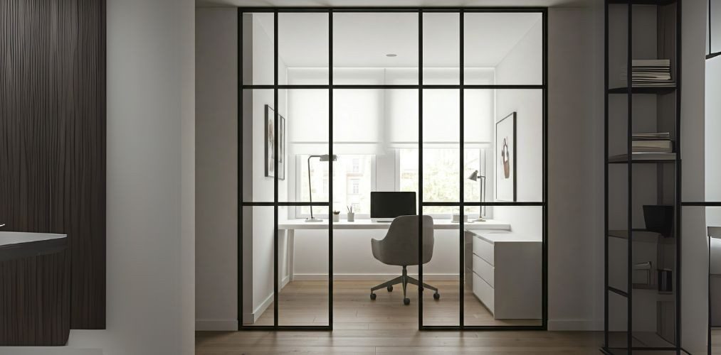 Study room with black-framed glass wall and natural light - Beautiful Homes