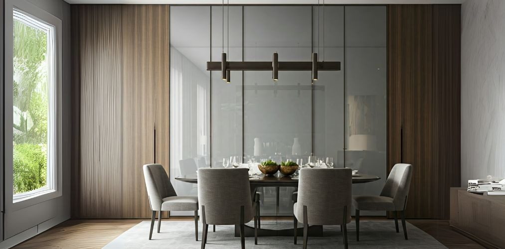 Dining room with glass wall and wooden panels - Beautiful Homes