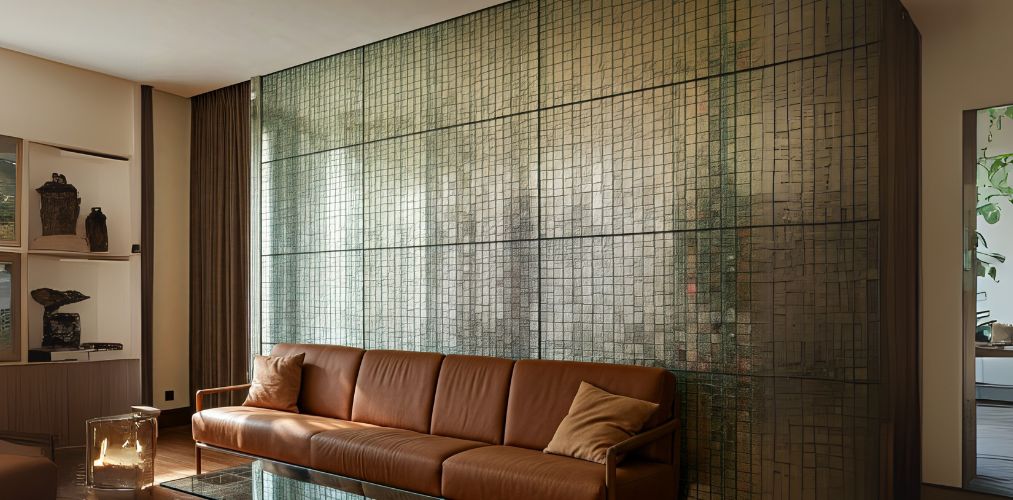 Living room with textured glass wall and leather sofa - Beautiful Homes