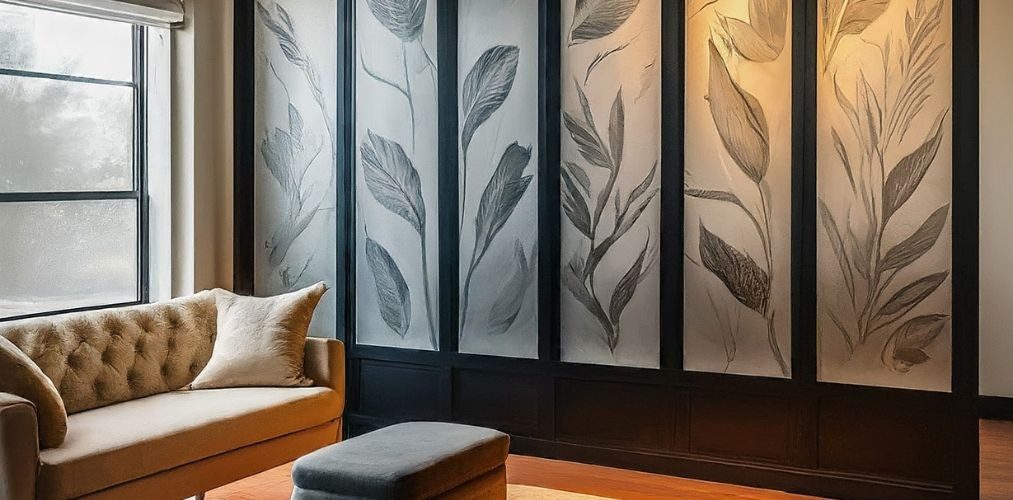 Painted glass wall with wood between living and dining room - Beautiful Homes