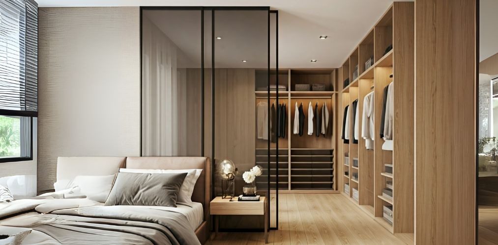 Walk-in closet with sliding glass doors and wooden shelves - Beautiful Homes