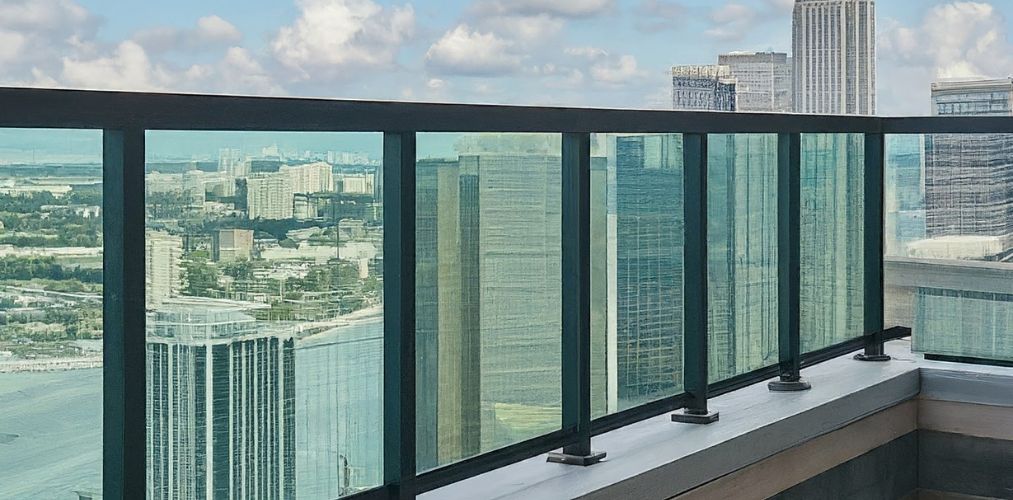 Tinted glass railing for balcony with black posts - Beautiful Homes