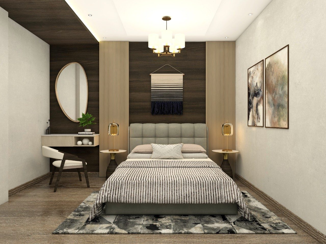 Guest bedroom with grey upholstered bed and dressing table - Beautiful Homes