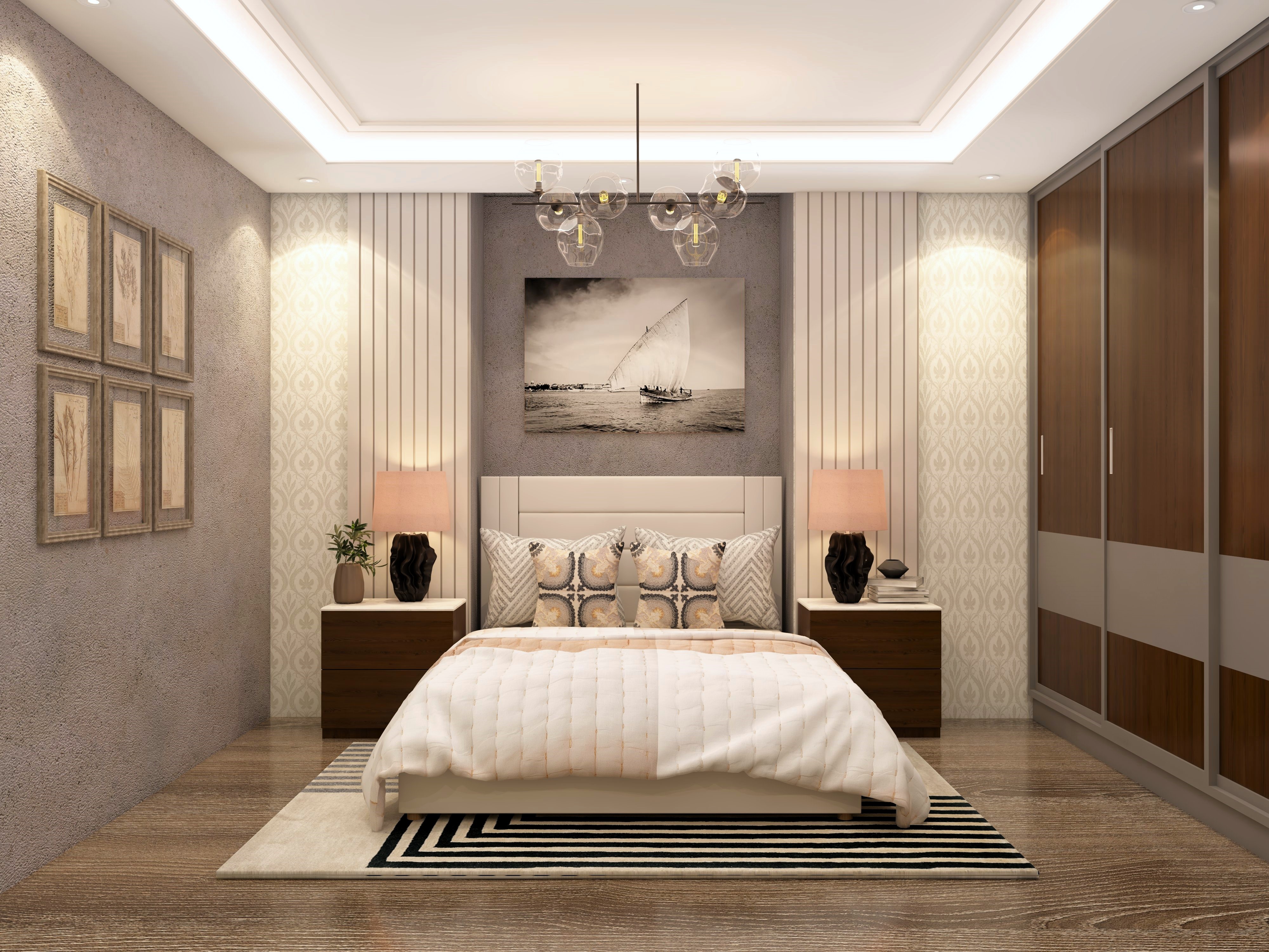 Bedroom wall with fluted paneling and grey wall with painting - Beautiful Homes