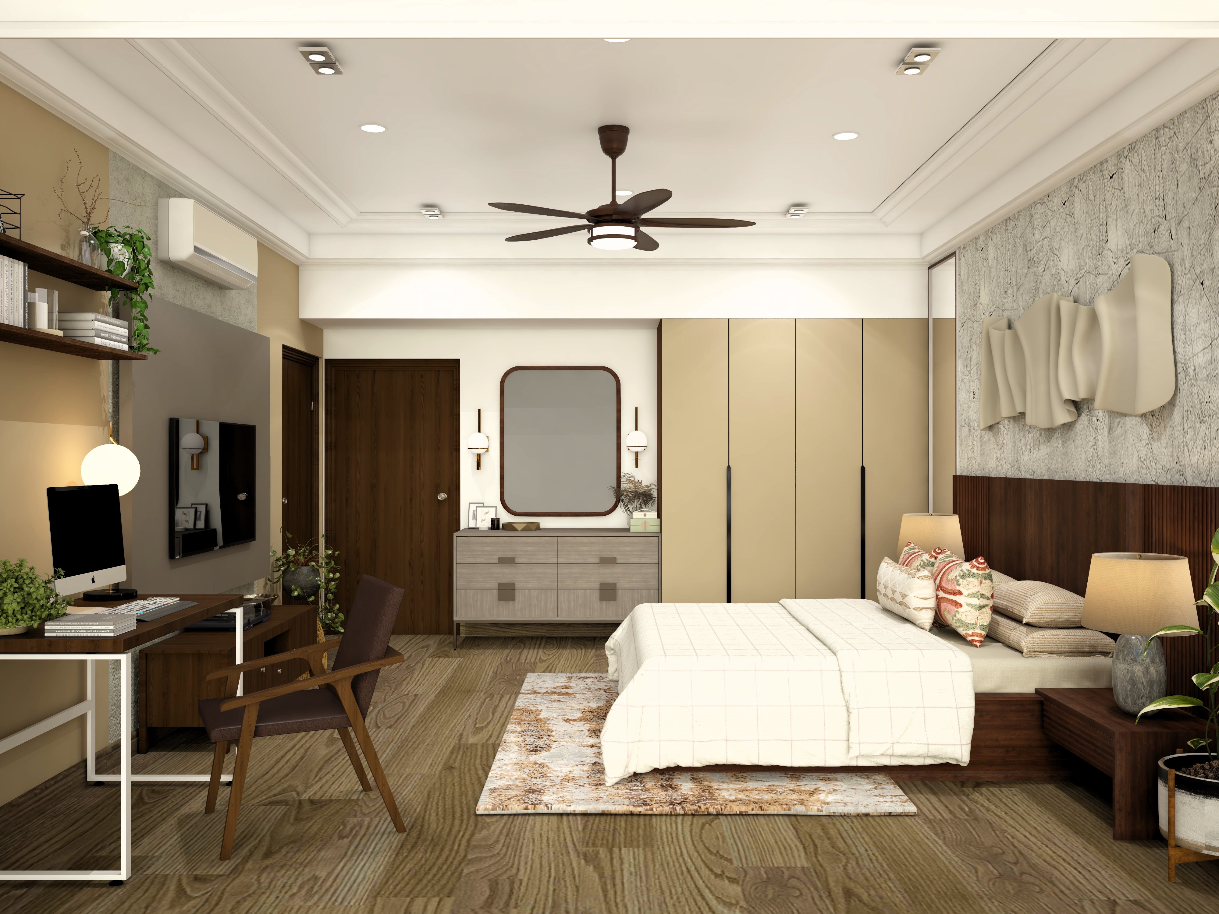 Chic bedroom design with brown accents and wooden flooring-Beautiful Homes