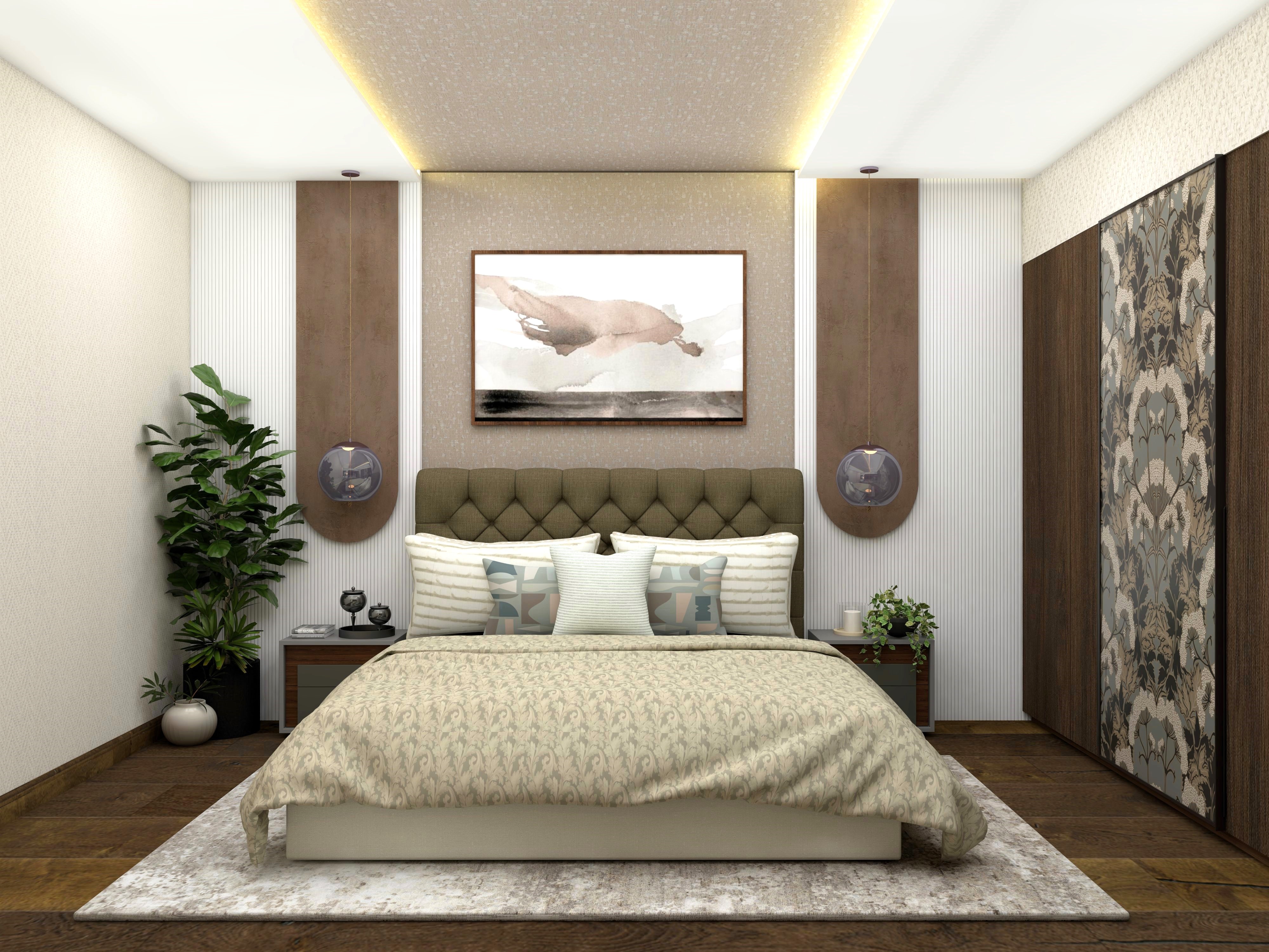 Contemporary guest bedroom with round pendant lights and white fluted paneling - Beautiful Homes