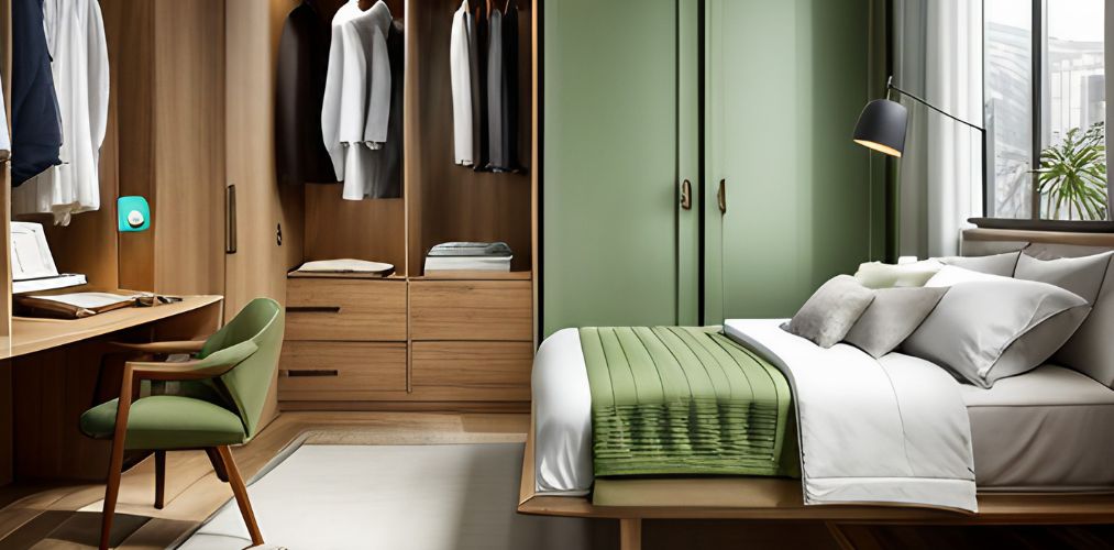 Green guest bedroom design with wooden wardrobe-Beautiful Homes
