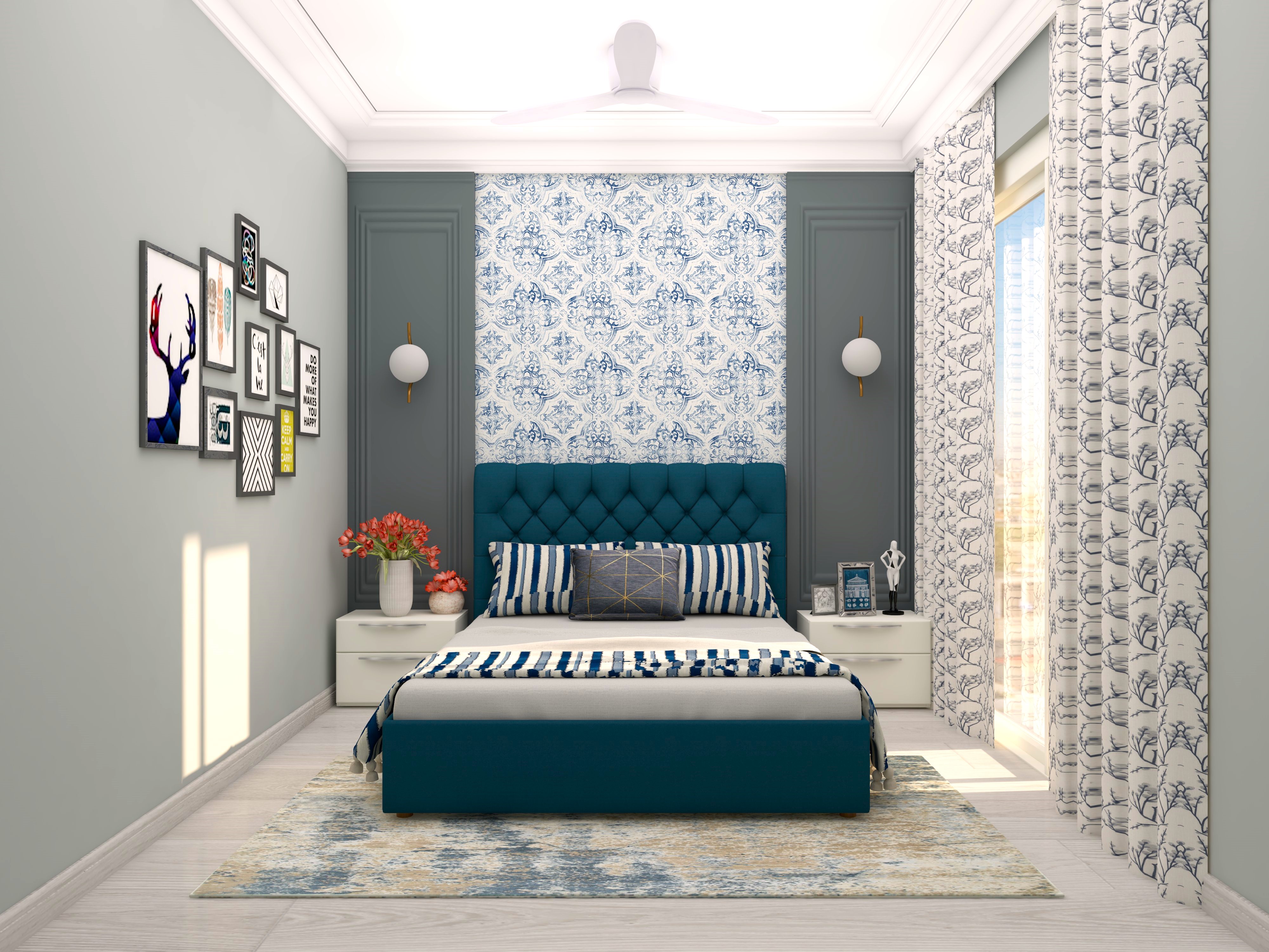 Grey and blue guest bedroom with blue motif wallpaper-Beautiful Homes