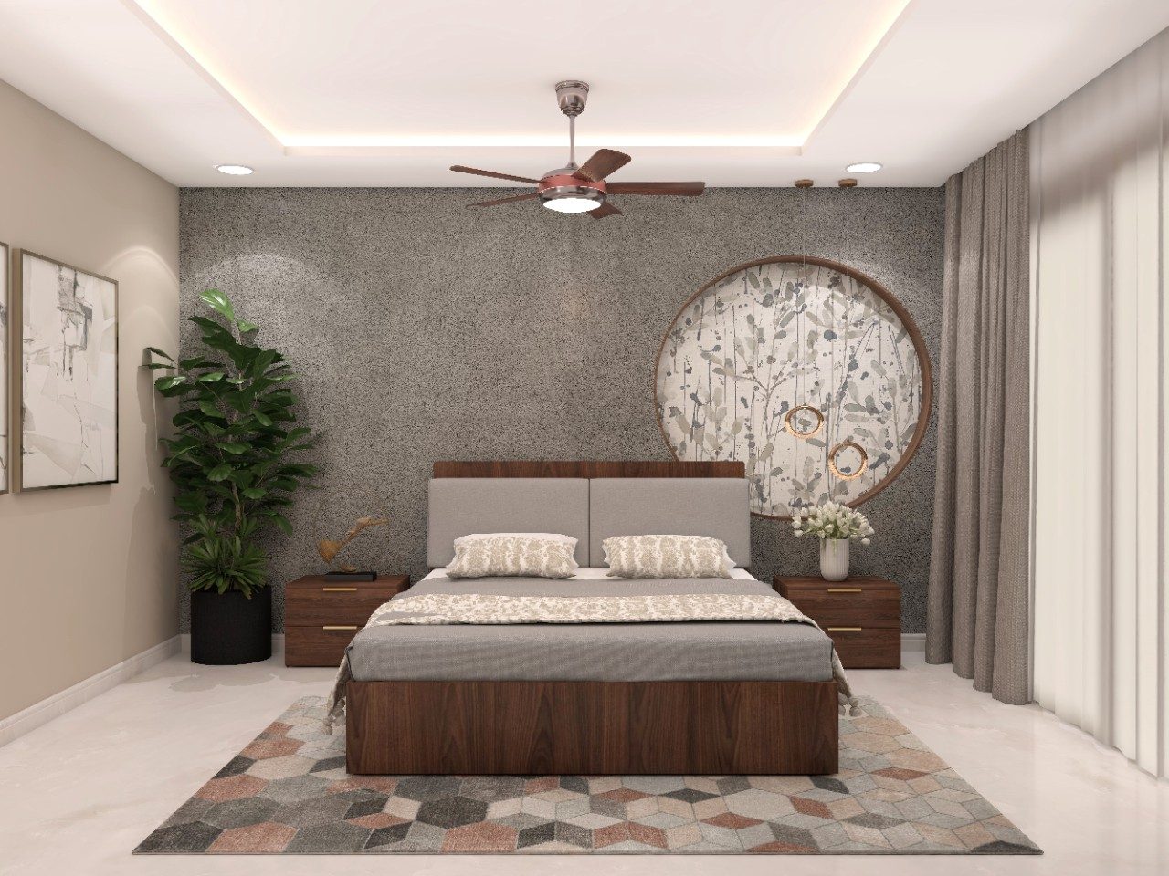 Grey and wooden bedroom with concrete finish wall-Beautiful Homes