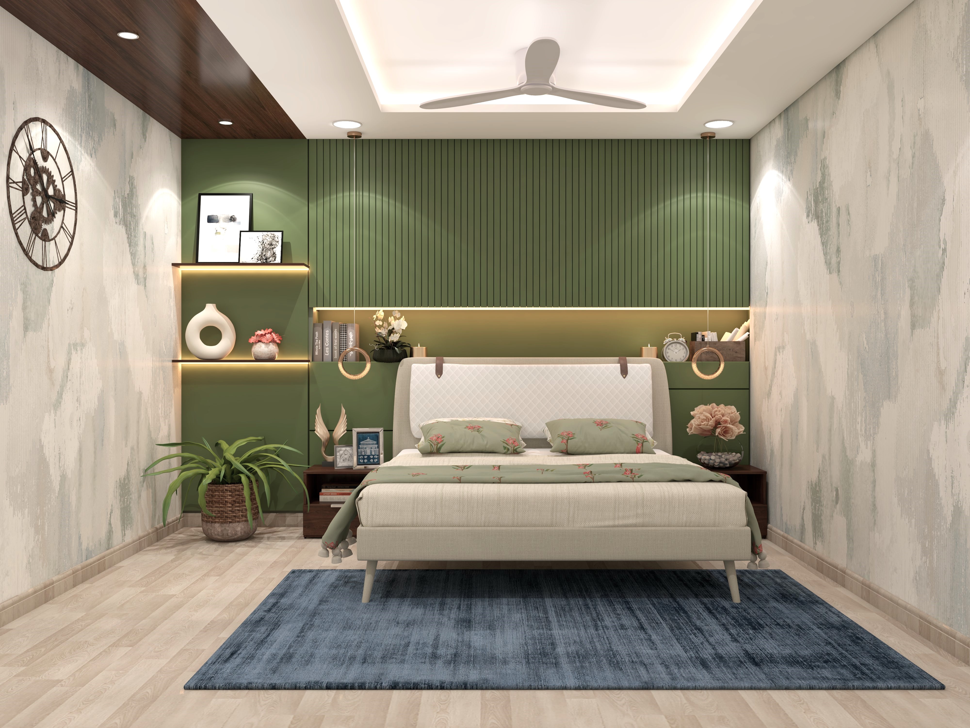 Guest bedroom design with green bed back wall and grey upholstered bed-Beautiful Homes