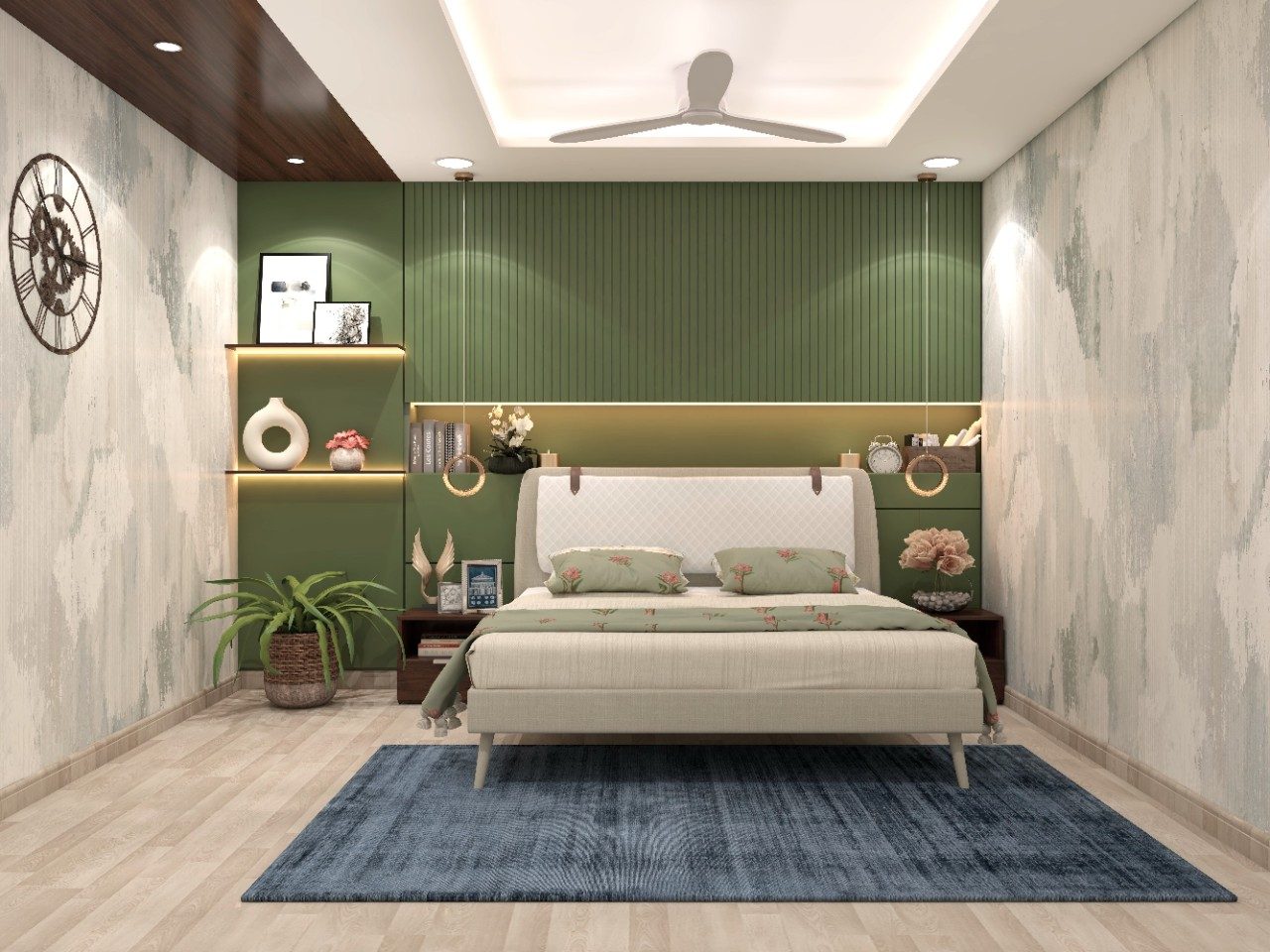 Guest bedroom design with green bed back wall and grey upholstered bed-Beautiful Homes