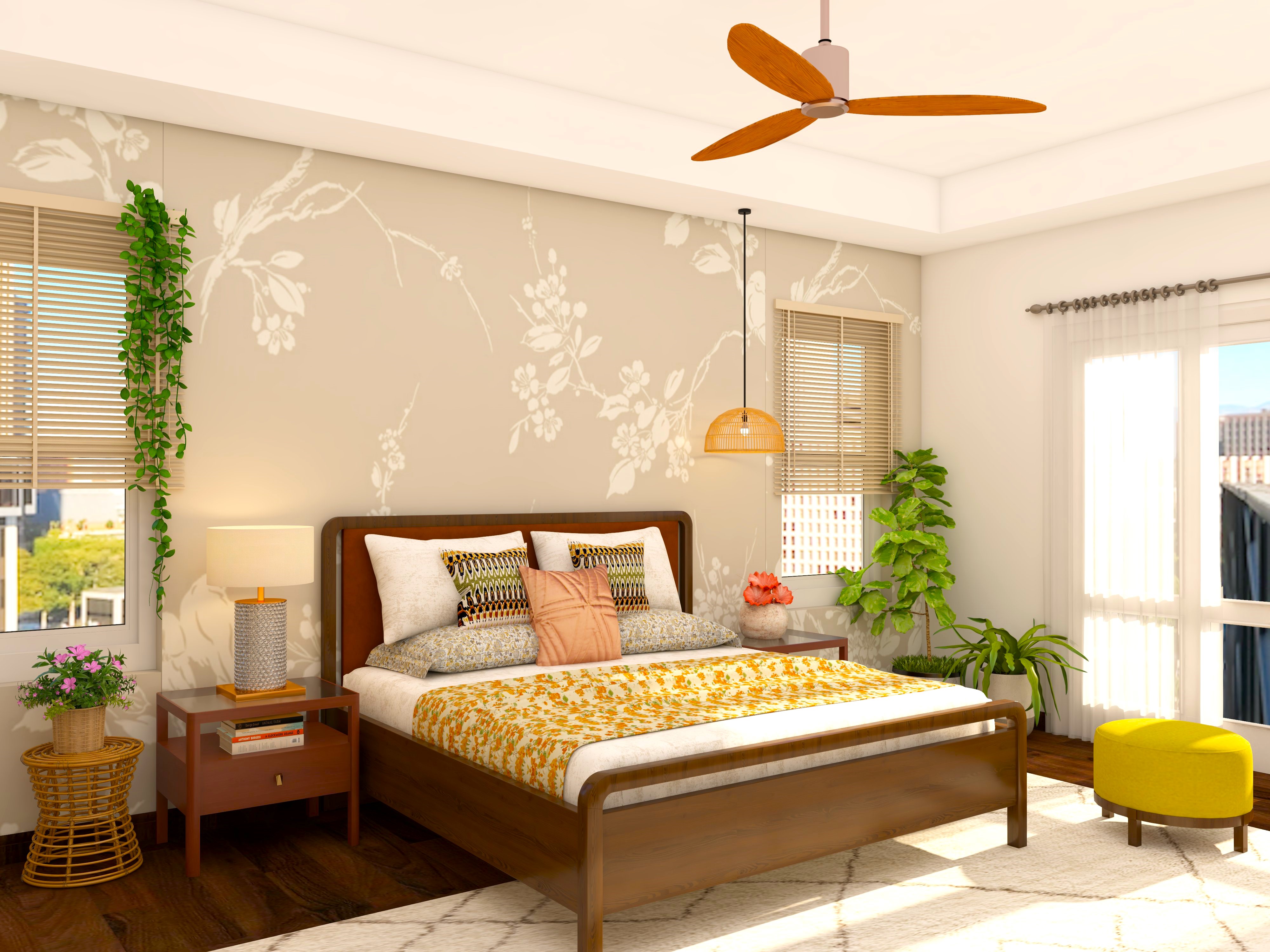 Guest bedroom design with wooden bed and wallpaper-Beautiful Homes