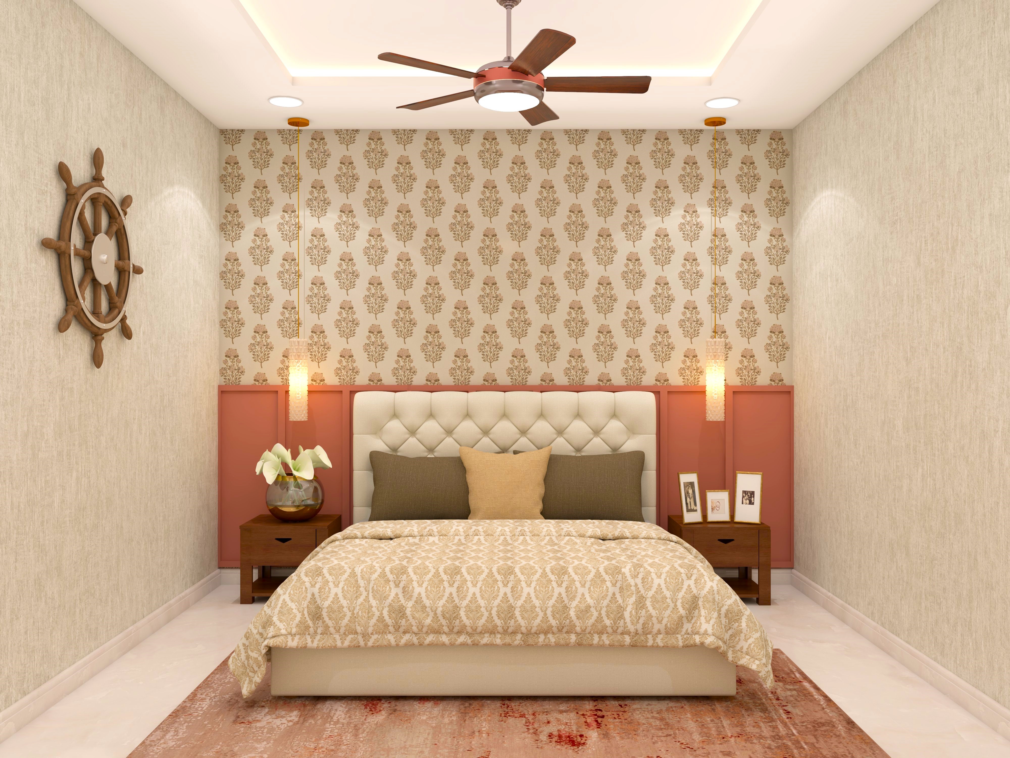 Guest bedroom wall design with traditional wallpaper and paneling-Beautiful Homes