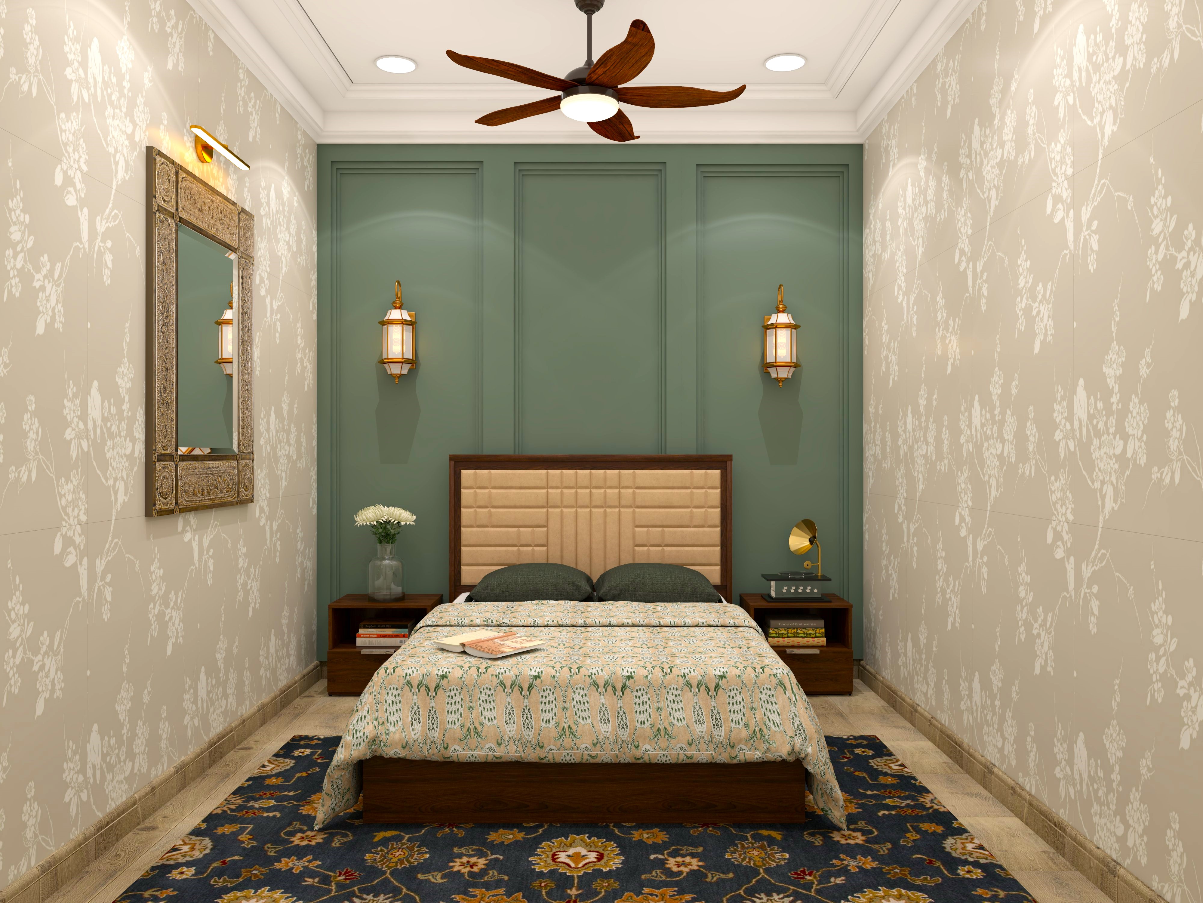 Guest bedroom walls with green mouldings and beige floral wallpaper-Beautiful Homes