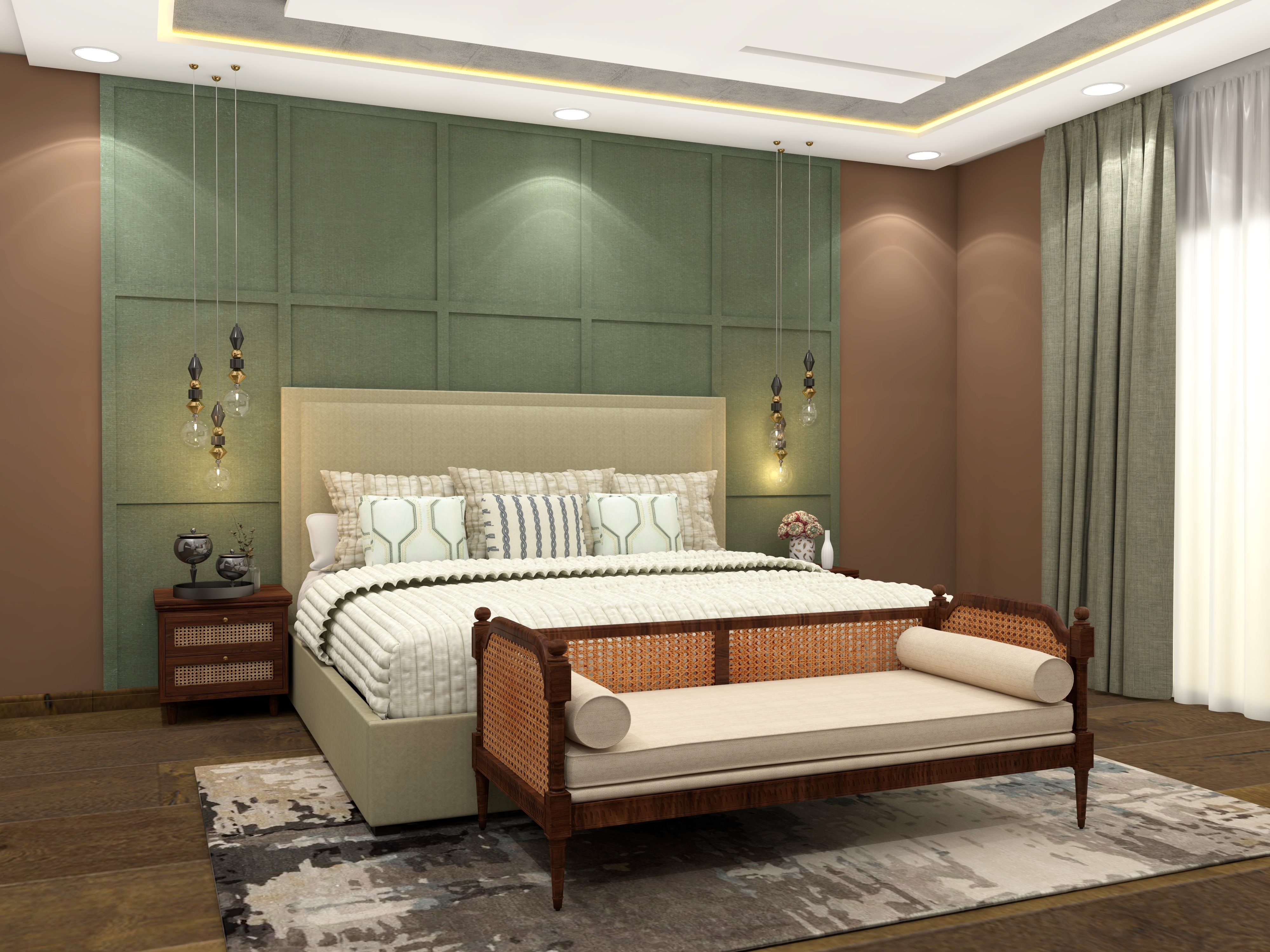 Guest bedroom with AP Nilaya bench and side table - Beautiful Homes