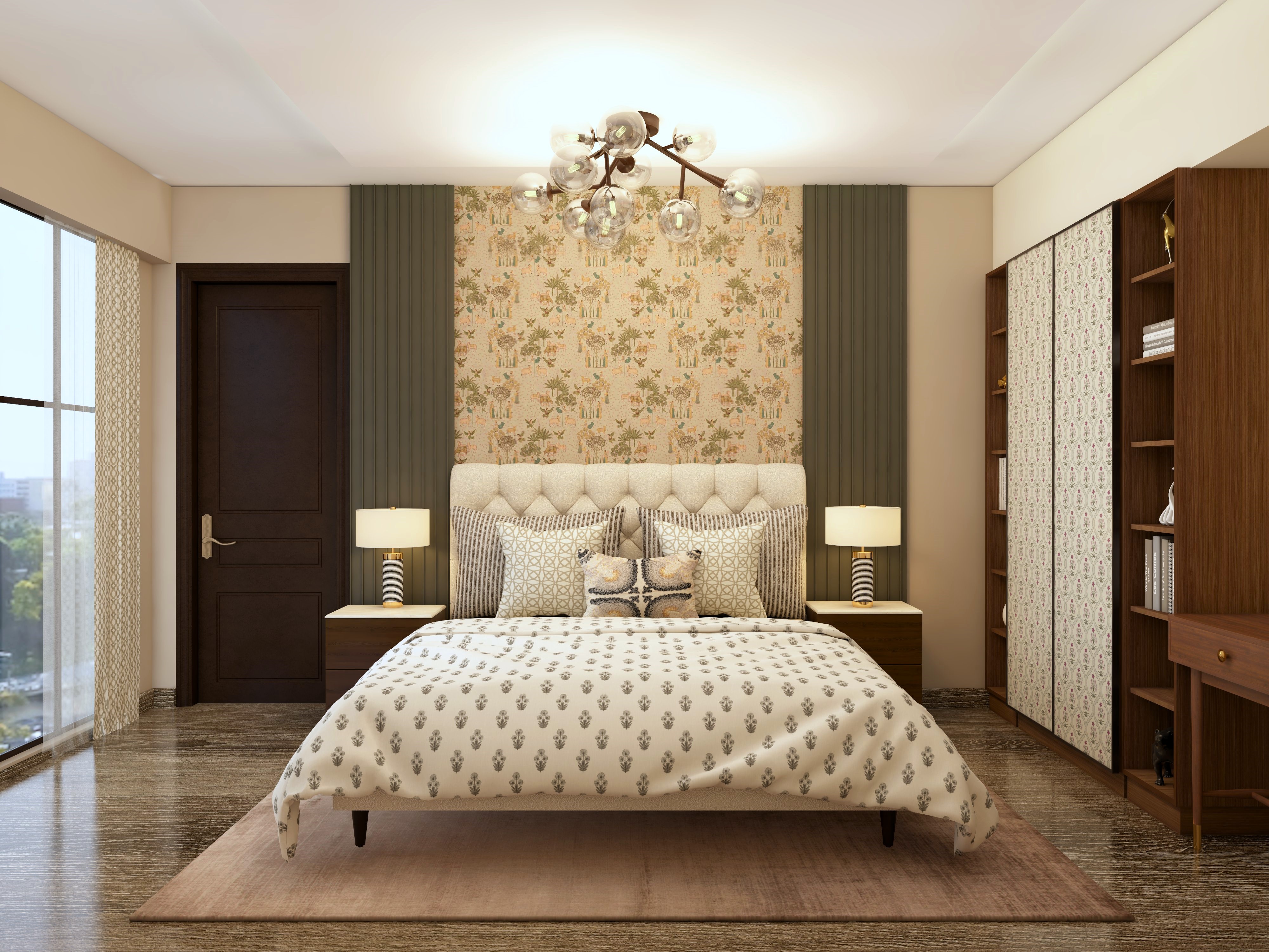 Guest bedroom with AP wallpaper and white upholstered headboard - Beautiful Homes