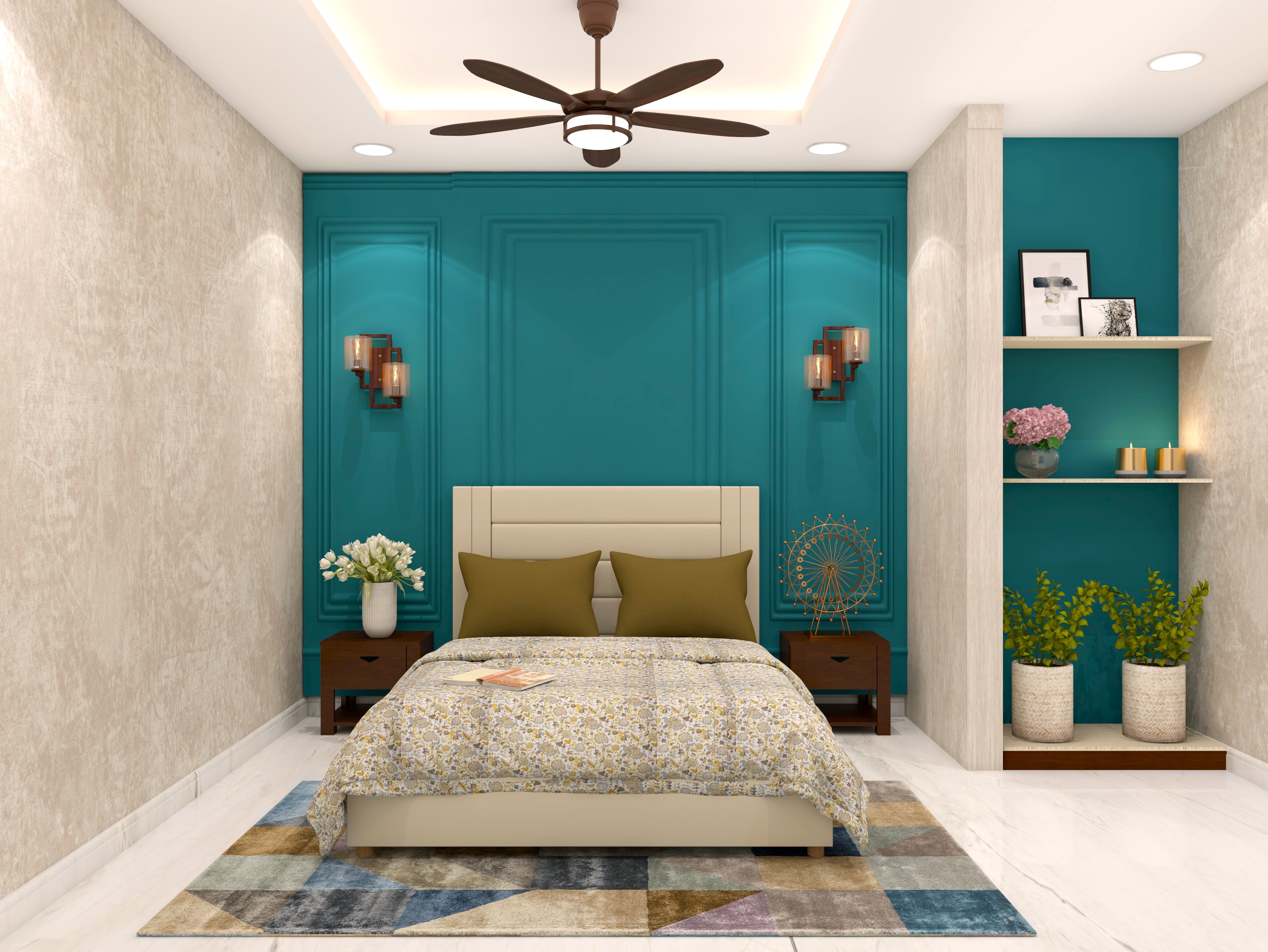 Guest bedroom with beige headboard and teal wainscoting-Beautiful Homes