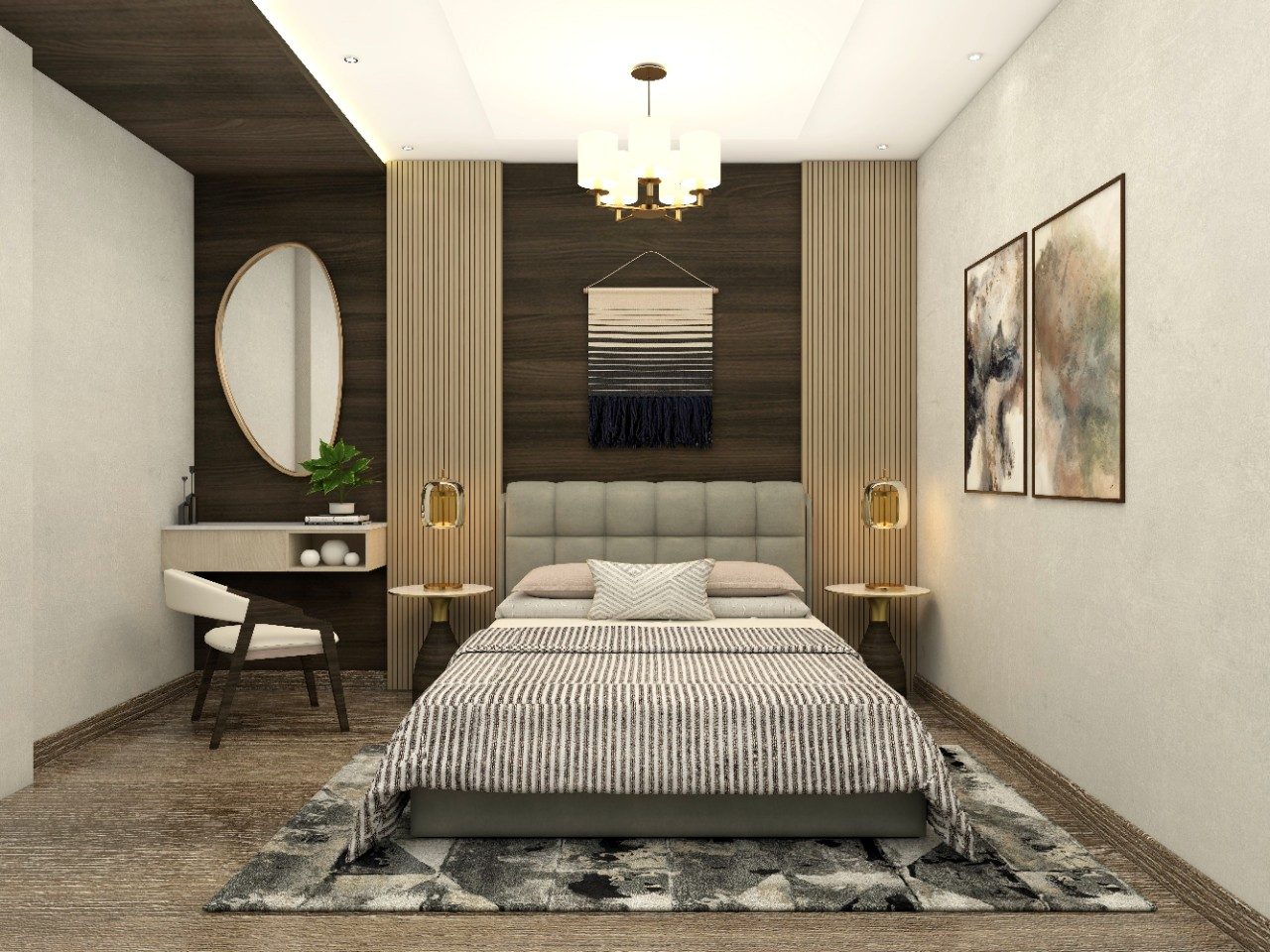 Guest bedroom with grey upholstered bed and dressing table - Beautiful Homes