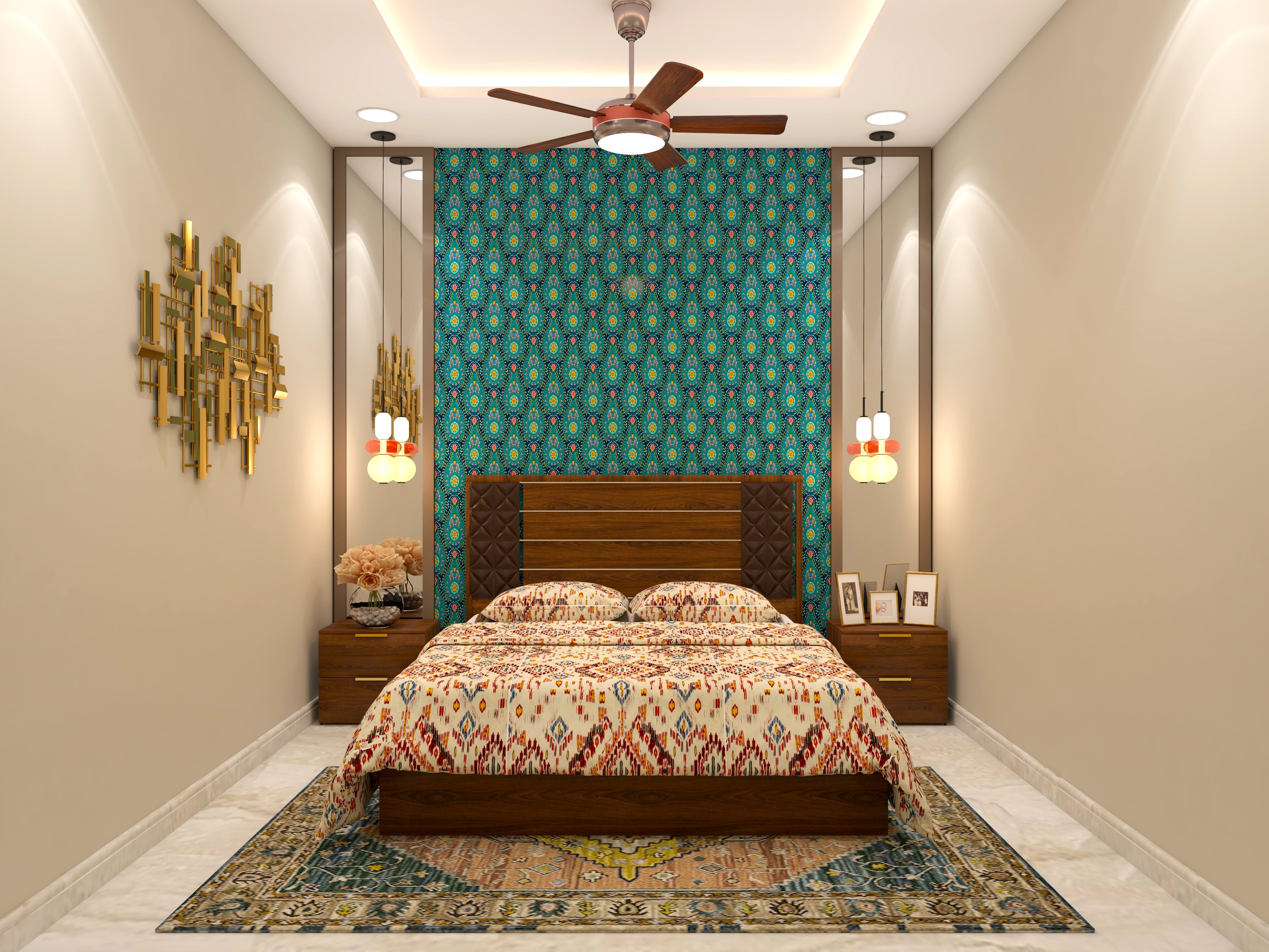 Guest bedroom with patterned wallpaper and printed upholstery-Beautiful Homes