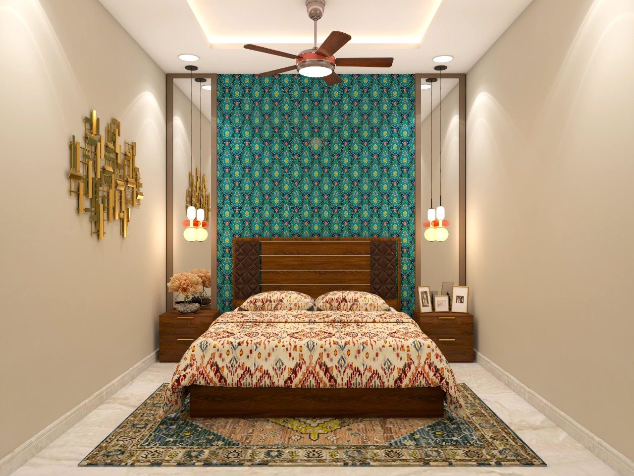 Guest bedroom with patterned wallpaper and printed upholstery-Beautiful Homes