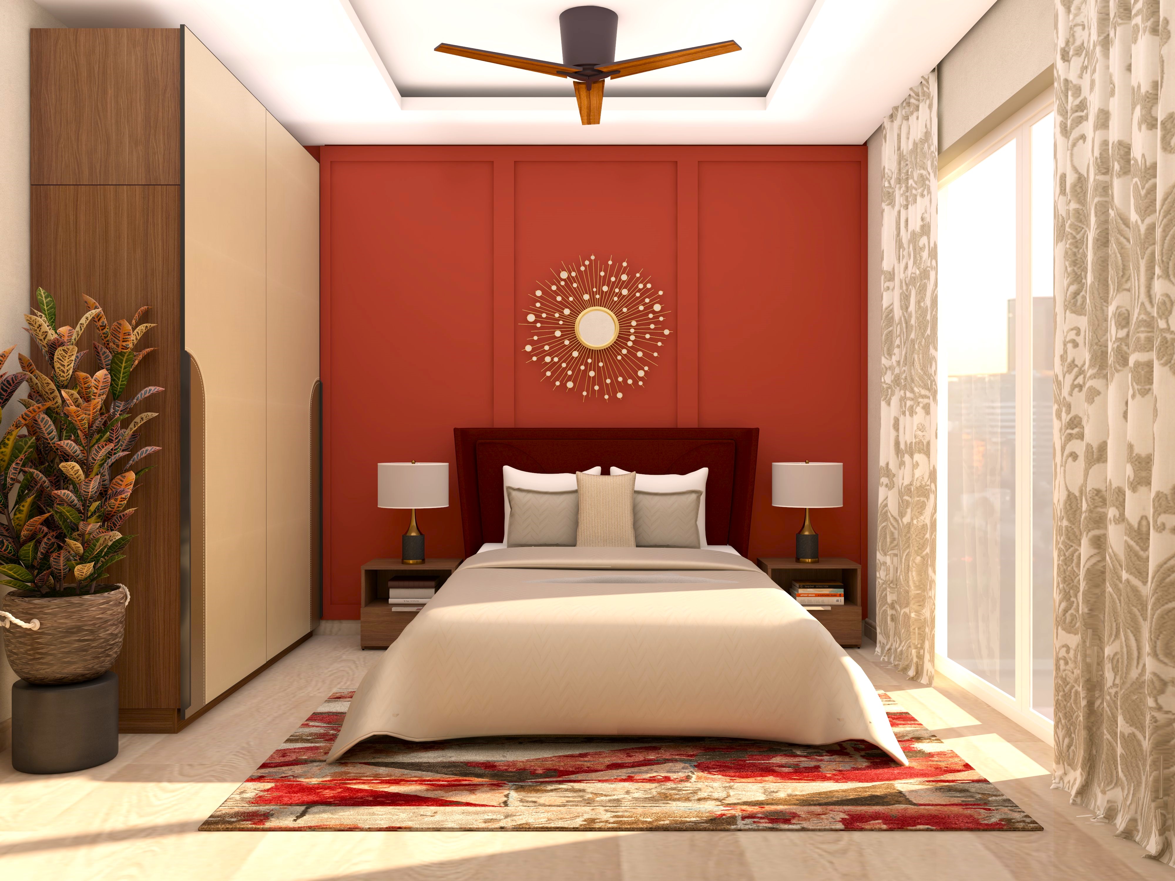 Guest bedroom with red wall paneling and wooden headboard-Beautiful Homes