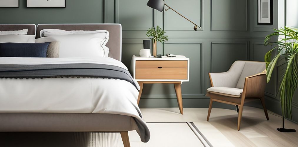 Guest bedroom with white bedside table and green walls-Beautiful Homes