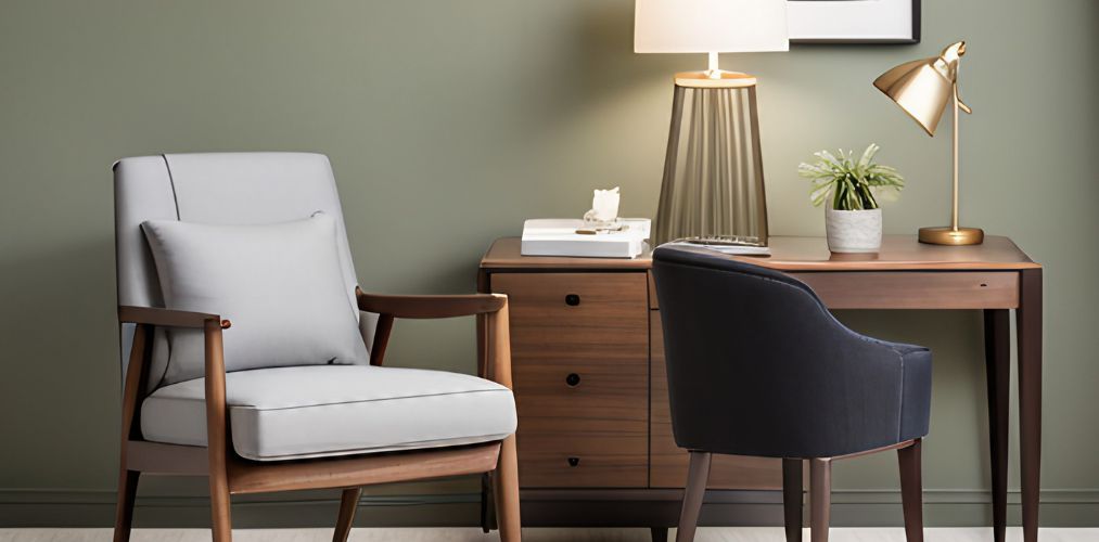 Guest room furniture with grey accent chair and small table-Beautiful Homes