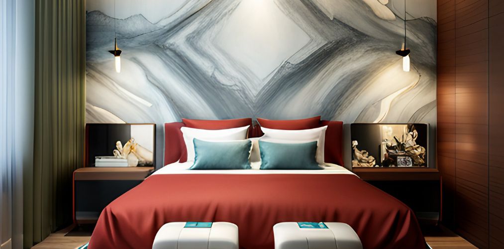 Guest room texture design on bed wall with white and grey-Beautiful Homes