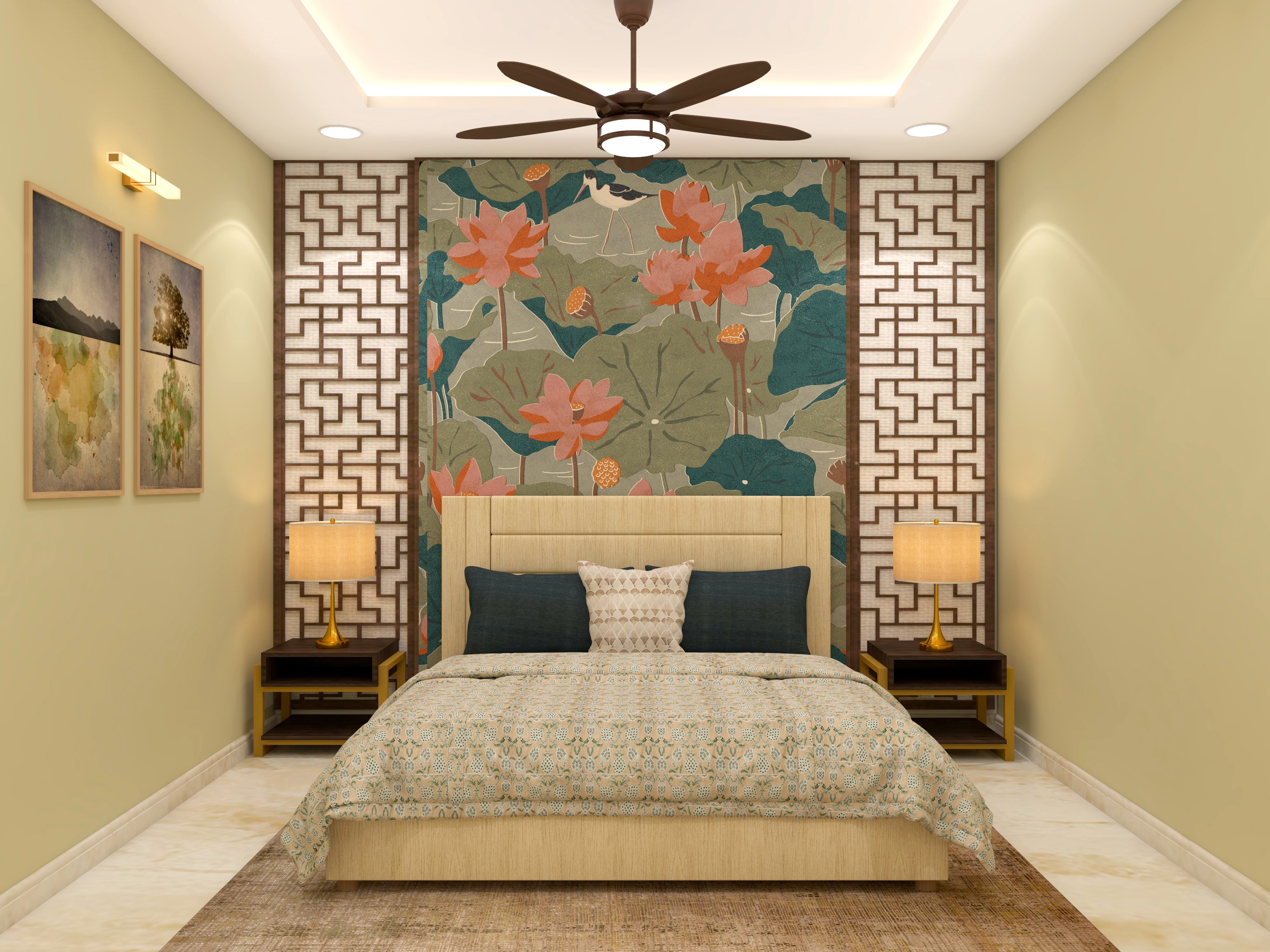 Guest room wall design with floral wallpaper and wooden panels-Beautiful Homes