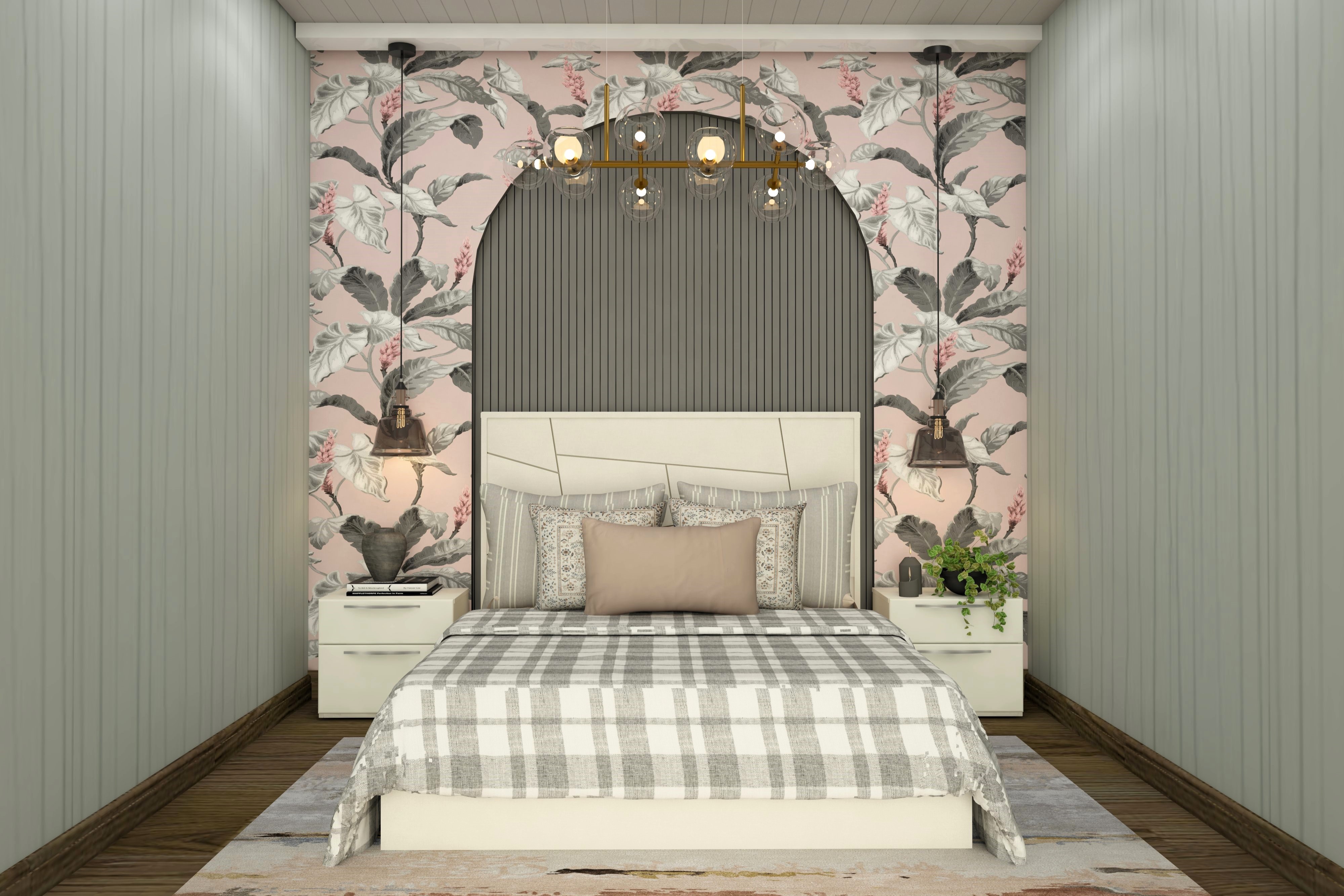 Guest room with arched wall paneling and pink floral wallpaper-Beautiful Homes