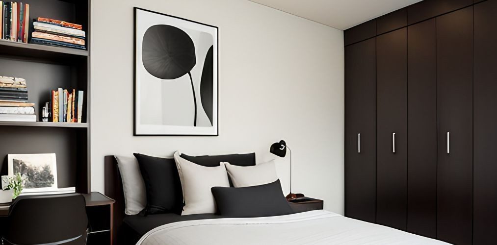 Guest room with grey wall shelves-Beautiful Homes