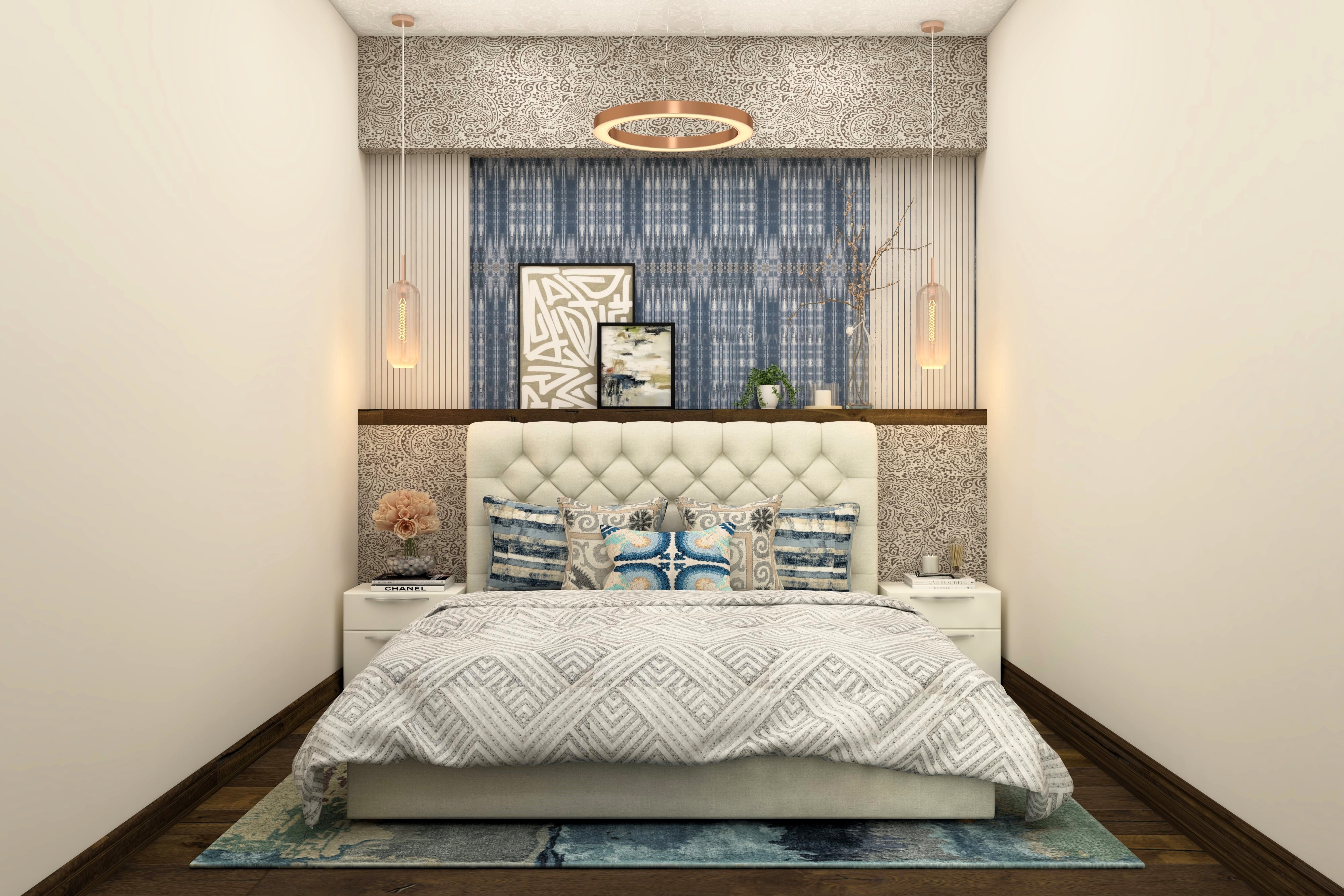 Guest room with white headboard and wallpaper with motifs-Beautiful Homes