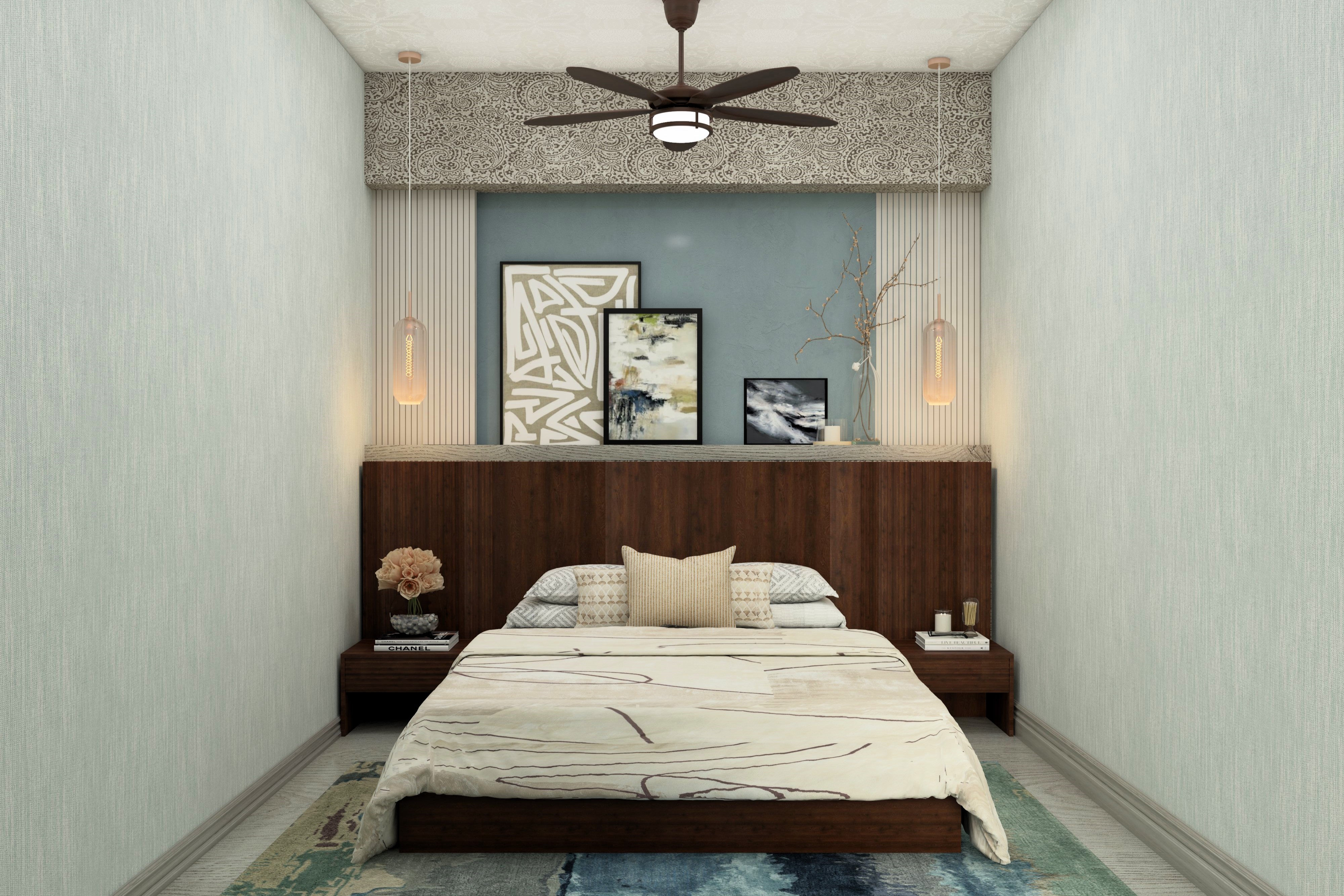 Guest room with wooden headboard and side tables-Beautiful Homes