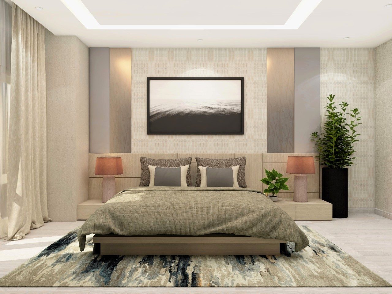 Large guest bedroom with extended light wooden headboard and floor mounted drawers - Beautiful Homes