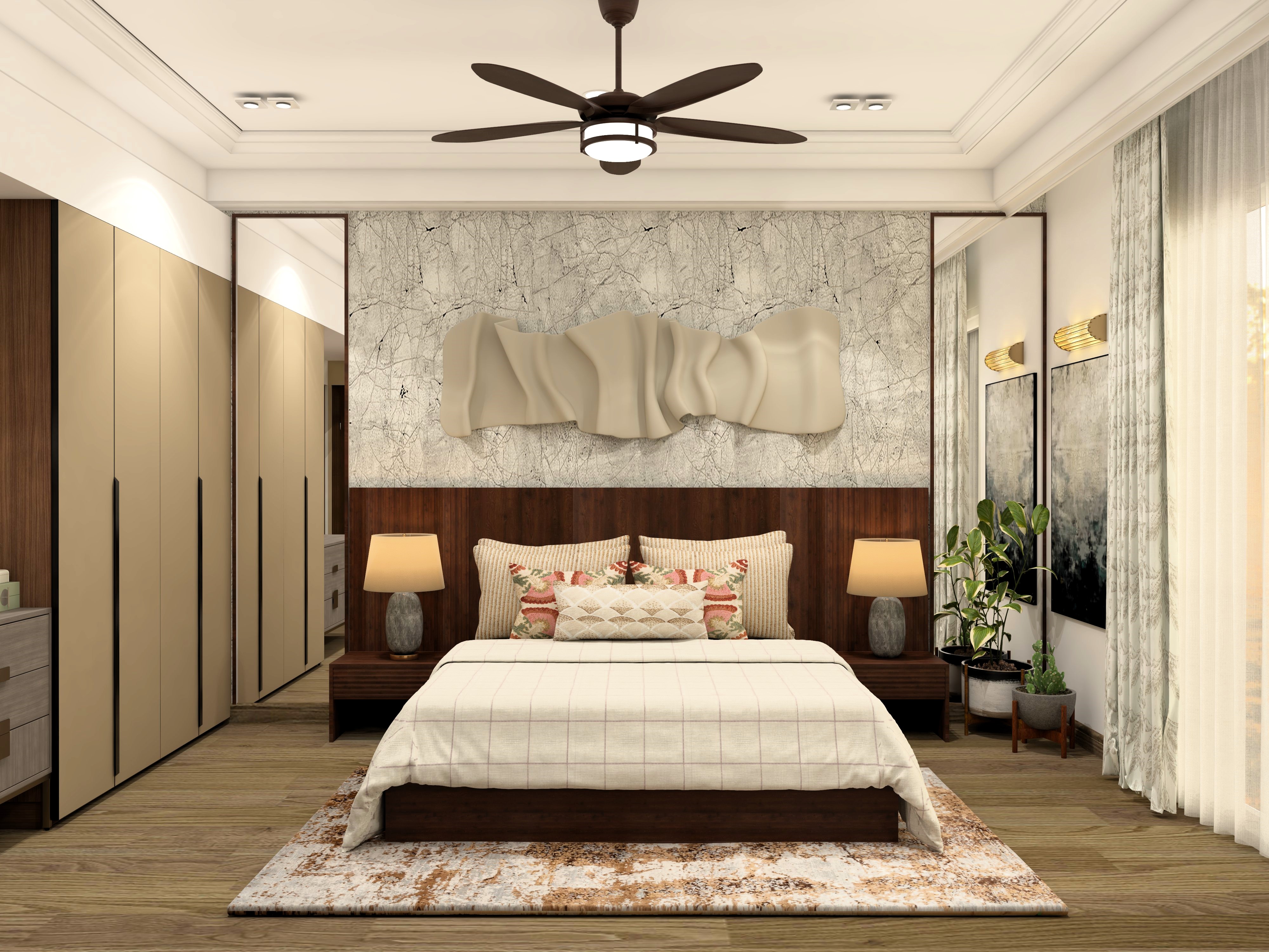 Modern bedroom wall with 3d wall art and mirror on sides-Beautiful Homes
