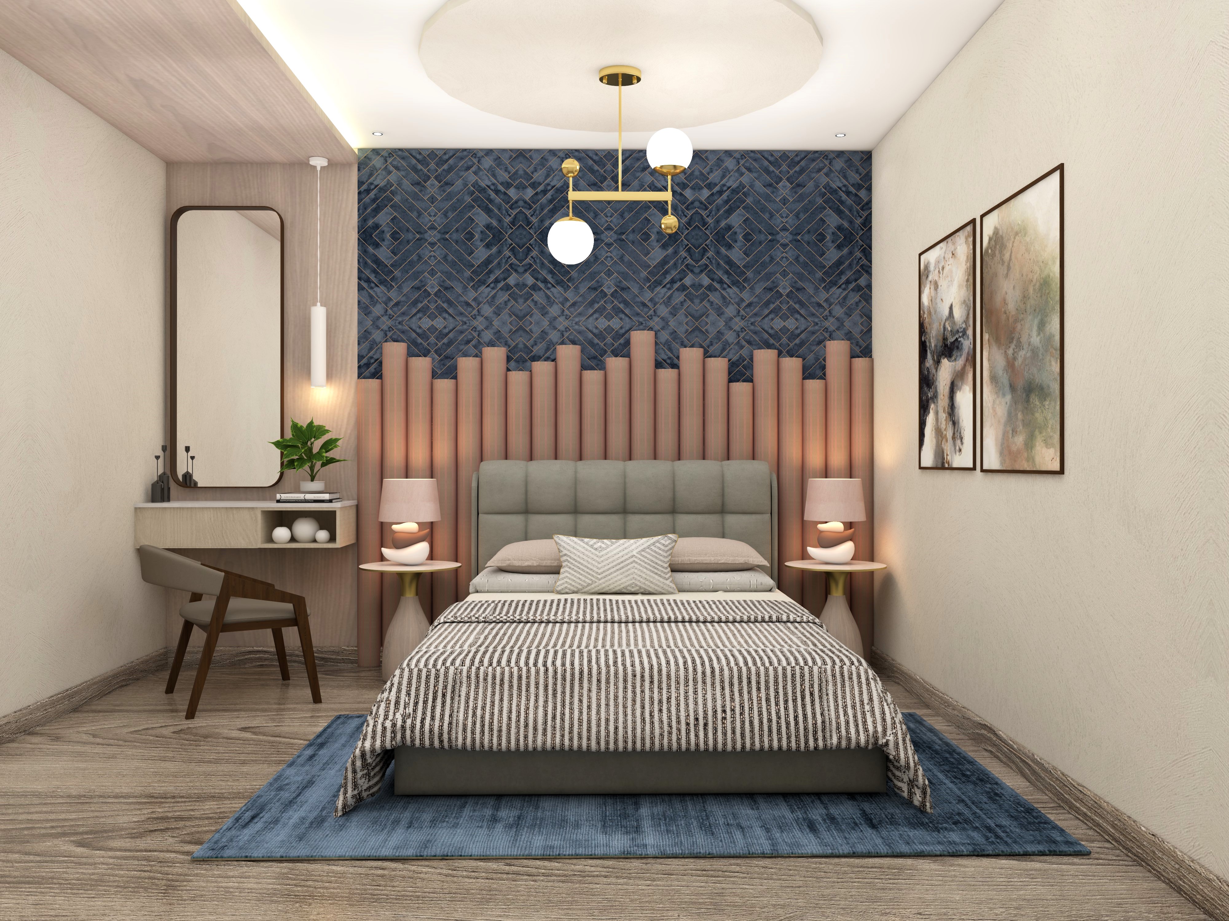 Modern guest bedroom with fabric upholstered paneling and blue textured wallpaper-Beautiful Homes