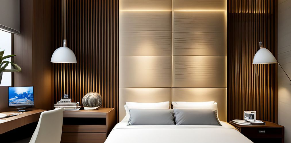 Modern guest bedroom with lights and fabric wall paneling-Beautiful Homes