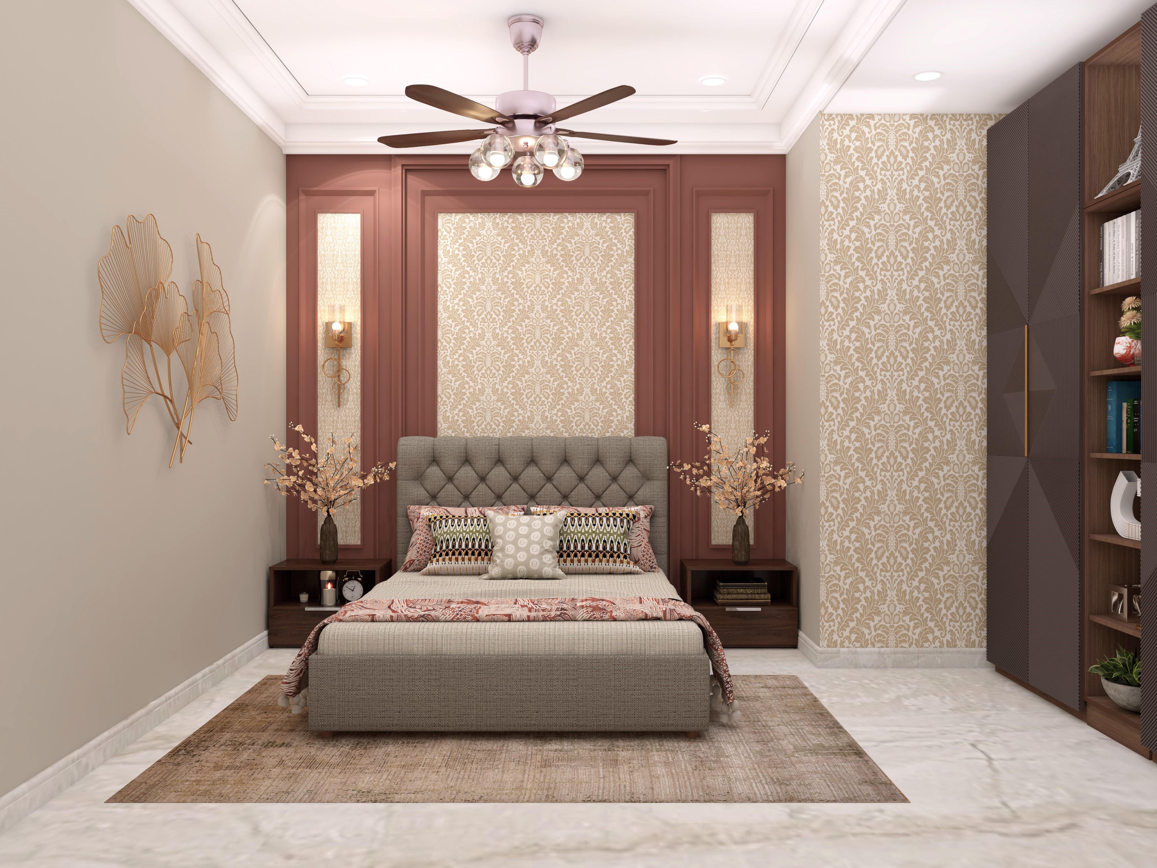 Modern Indian style guest bedroom with Royal furniture and white teak lights - Beautiful Homes