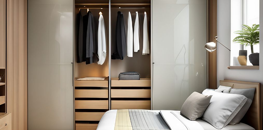 Small guest room design with beige sliding wardrobe-Beautiful Homes