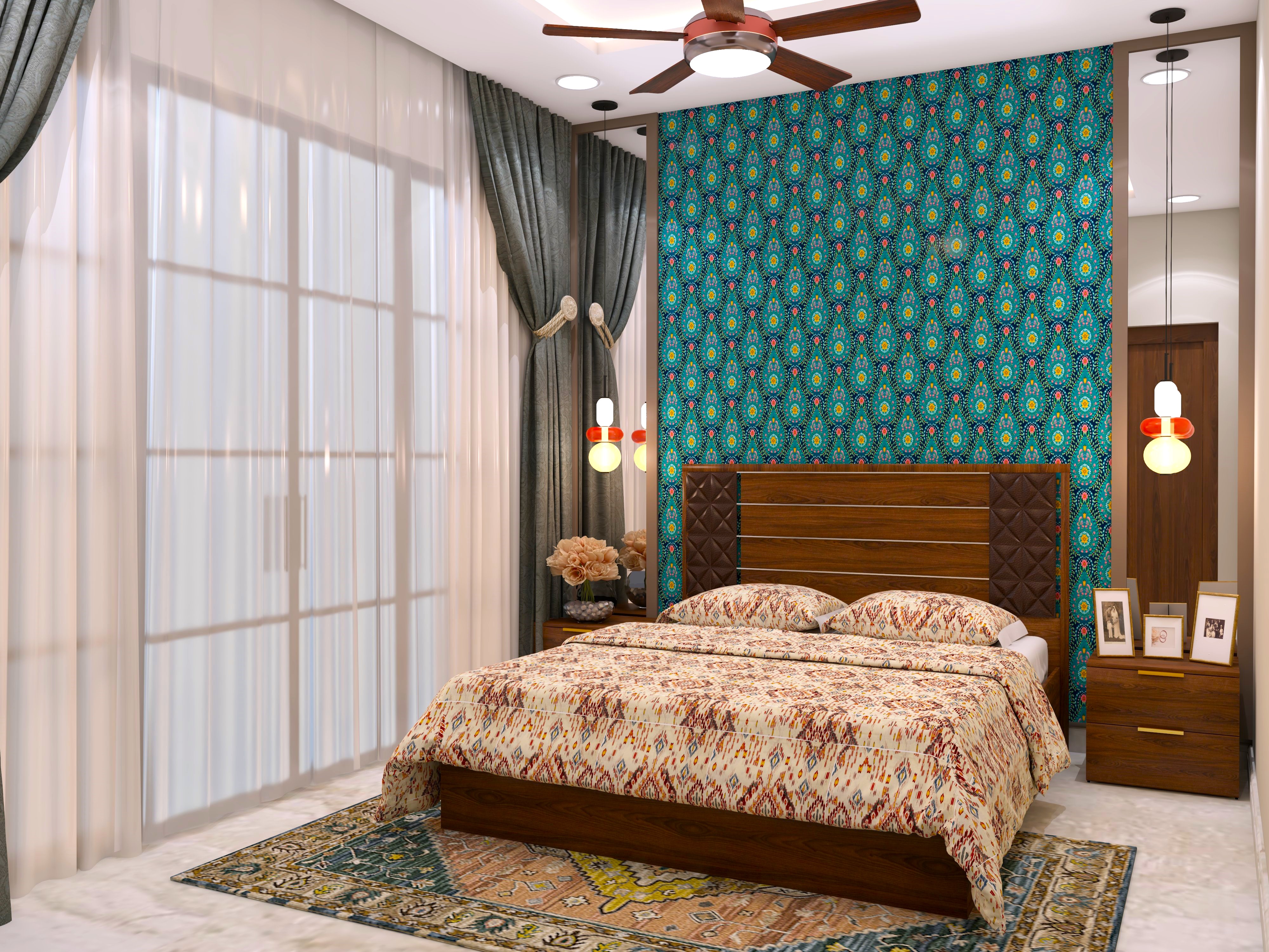 Traditional style guest bedroom with printed wallpaper and rug - Beautiful Homes